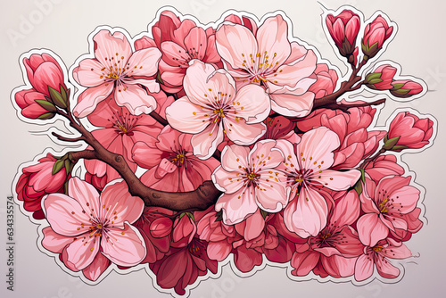 Cherry blossom pink flowers on a tree branch 