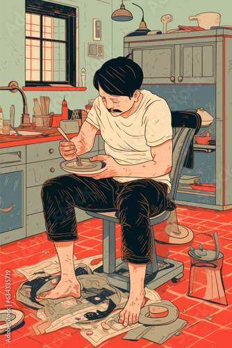 Miserable poor man eating lunch alone in a dirty kitchen. Lonely person struggling with poverty and depression