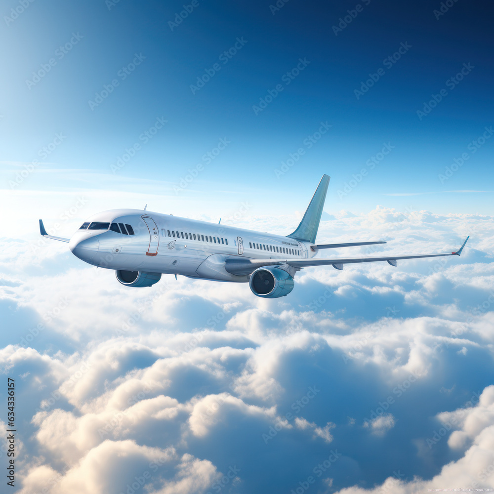Passenger plane at altitude above the clouds in bright light Passenger plane at altitude above the clouds in bright light