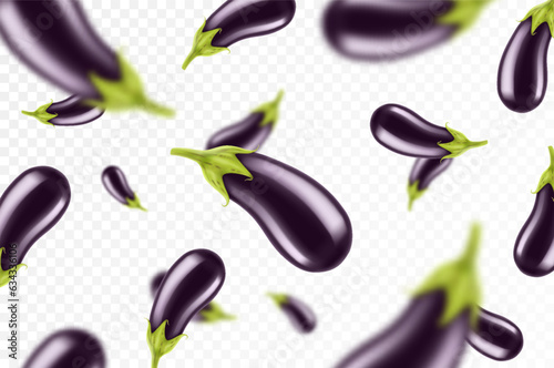 Falling eggplant isolated on transparent background. Flying whole and sliced eggplants vegetable with blurry effect. Can be used for advertising, packaging, banner, poster, print. Realistic 3d vector