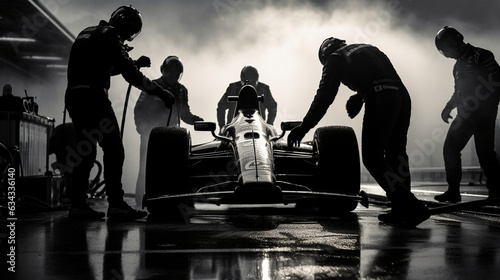 A dramatic shot of the pit crew members adjusting the car's suspension settings, fine-tuning its performance 