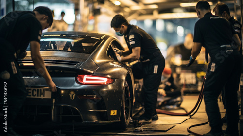 A dramatic shot of the pit crew members adjusting the car's suspension settings, fine-tuning its performance 