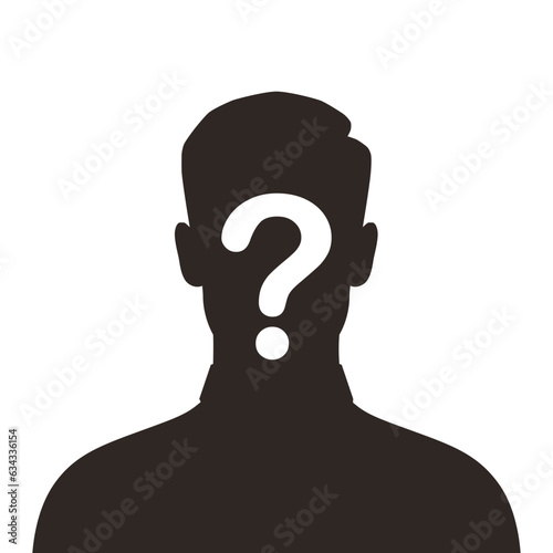 Man silhouette with question mark graphic icon. Anonymous male person sign isolated on white background. Vector illustration