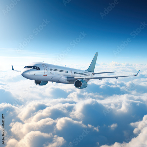 Passenger plane at altitude above the clouds in bright light