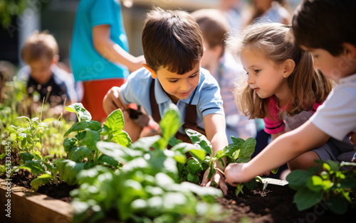 Billede på lærred Children in the school garden doing gardening, back to school concept