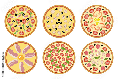 Set of vector colored pizza icons on white background for web site design. Pizza illustration for every taste. Top view, flat design