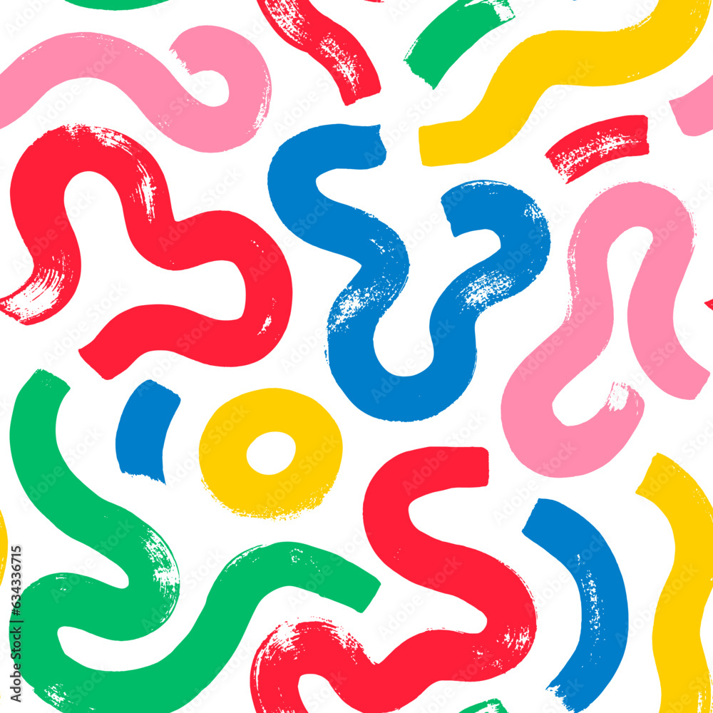 Fun colorful line doodle seamless pattern. Hand drawn bold curved lines ornament. Abstract squiggle colorful brush strokes. Bold squiggle smears organic ornament. Marker scribbles, curved lines. Fun colorful line doodle seamless pattern. Hand drawn bold curved lines ornament. Abstract squiggle colorful brush strokes. Bold squiggle smears organic ornament. Marker scribbles, curved lines.