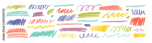 Colorful dry brush marks, pencil squiggles and scribbles. Hand drawn vector crayon various lines, spirals and doodles. Multi colored rough highlighters, chalk strokes, pencil dividers. Curly lines.