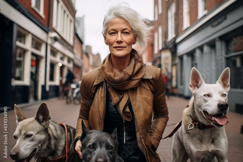 charismatic mature middle-aged caucasian woman with silver hair walking several dogs on leash down the street in a big city, presumably Amsterdam