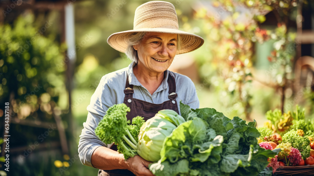 Happy senior woman gardener with harvest in basket, Autumn harvest concept