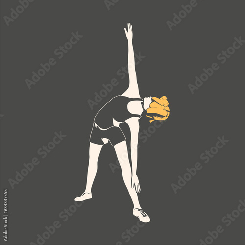 Young female workout. Sport girl doing stretching exercise. Casual sportwear - t-shirt, breeches and sneakers. Young woman wearing workout clothes. Sport fashion girl outline in urban casual style.