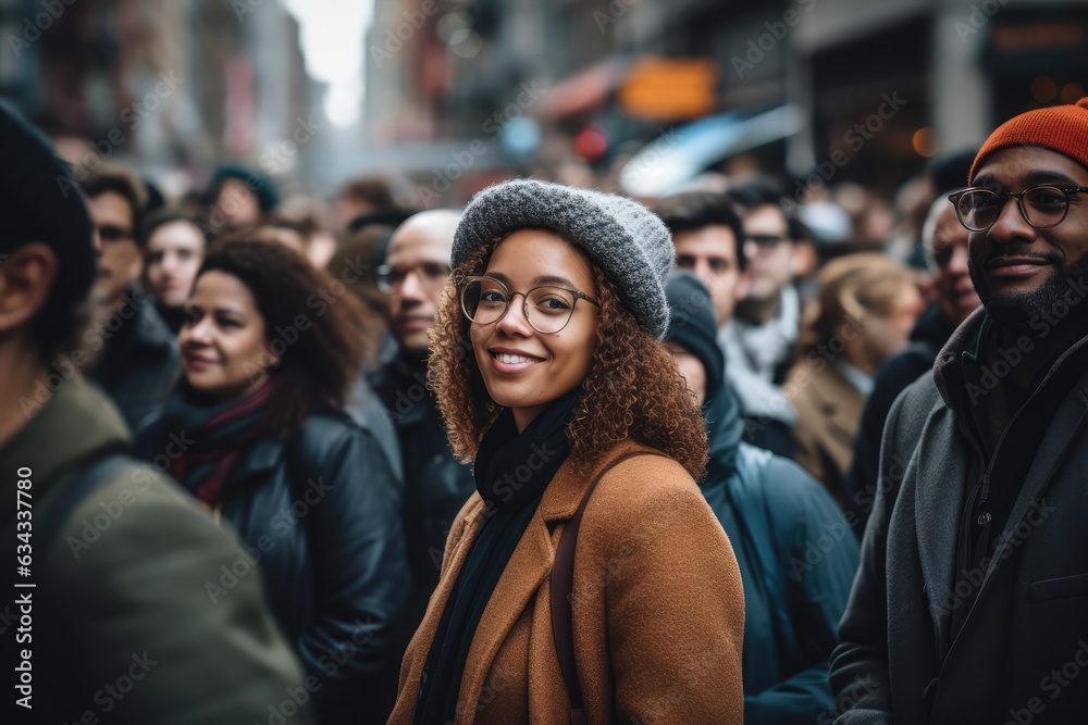 Woman standing in the Crowd on the Street - Standing out from the Crowd - AI Generated