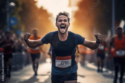 Runner crossing the finish line in a marathon - AI Generated