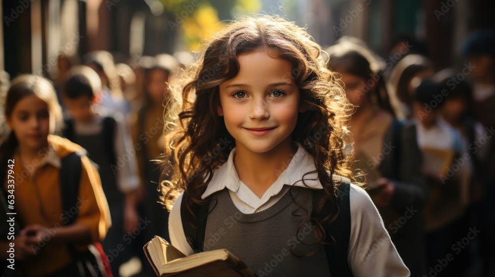 Picture of young girl going to school with books in hands on blurred background.