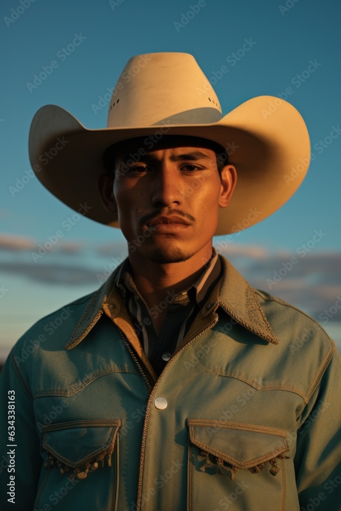 Latino man in cowboy attire stands resiliently against the wind, set against a desert backdrop highlighted in shades of light teal and dark sky-blue