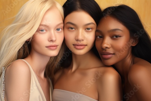 Portrait of three smiling girls: Caucasian, Asian, and Black, showcasing their individual beauty against a nude palette. Celebrating diversity and unity