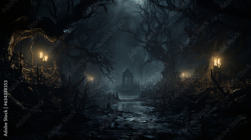 Haunted Forest: A dense, shadowy forest with twisted trees, lurking creatures, and a sense of foreboding for a spooky Halloween 