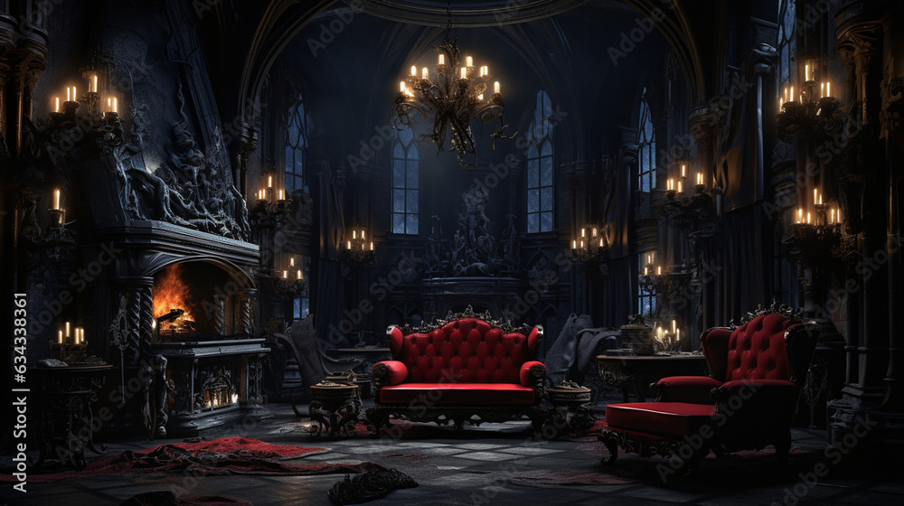 Vampire's Lair: An elegant yet eerie vampire's lair, complete with ornate furniture, dark velvet curtains, and flickering candlelight 