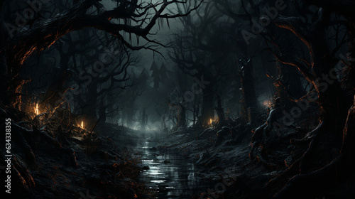 Haunted Forest: A dense, shadowy forest with twisted trees, lurking creatures, and a sense of foreboding for a spooky Halloween 