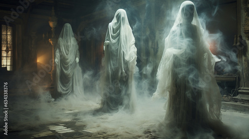Ghostly Apparitions: Transparent, ethereal ghosts floating through an old, abandoned mansion, evoking a haunted feeling for Halloween 