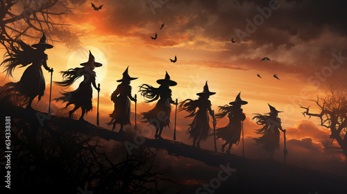 Wicked Witches: A group of witches on broomsticks flying across the night sky, silhouetted against the moon, on their way to a Halloween gathering 