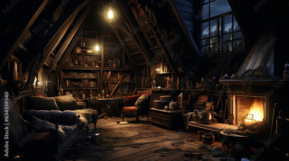 Haunted Attic: A dimly lit attic filled with dusty furniture, cobwebs, and a sense of lingering spirits, perfect for Halloween Haunted Attic: A dimly lit attic filled with dusty furniture, cobwebs, and a sense of lingering spirits, perfect for Halloween