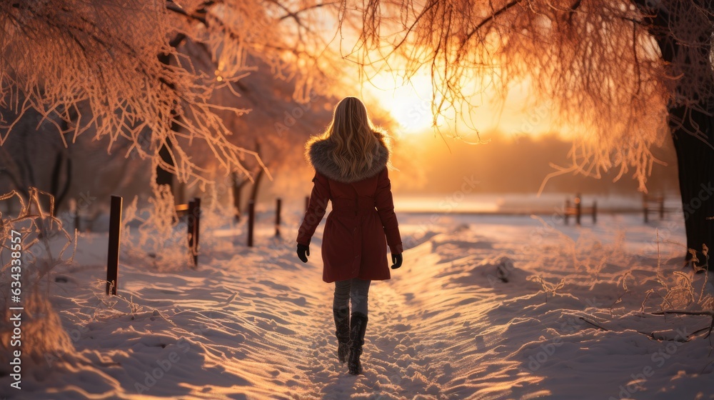 Person walking on snowy road at sunset on a winter day. - obrazy, fototapety, plakaty 
