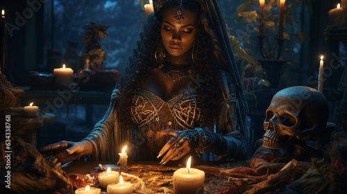 Voodoo Magic: A voodoo priestess casting spells under the moonlight, with candles, bones, and mystical objects, creating a Halloween scene full of mystique 