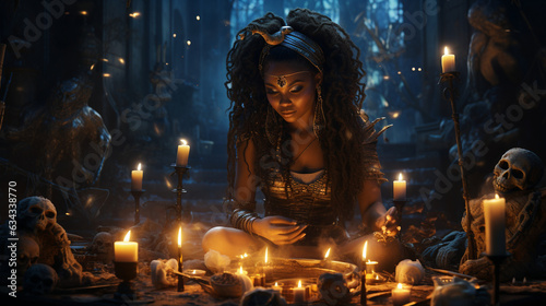 Voodoo Magic: A voodoo priestess casting spells under the moonlight, with candles, bones, and mystical objects, creating a Halloween scene full of mystique  photo