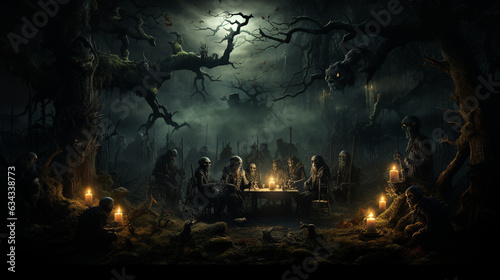 Haunted Forest Creatures  A meeting of supernatural creatures in a haunted forest  from werewolves to ghouls  ready for a Halloween gathering 