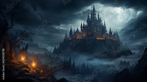Cursed Castle  A cursed castle perched on a hill  with stormy skies and eerie lights  a formidable backdrop for Halloween 