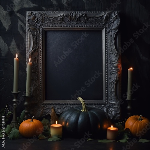 On a spooky wall, the flickering of an orange and black candlelight illuminates a harvest of pumpkins and squash, celebrating the season of halloween with a mysterious indoor vegetable display photo