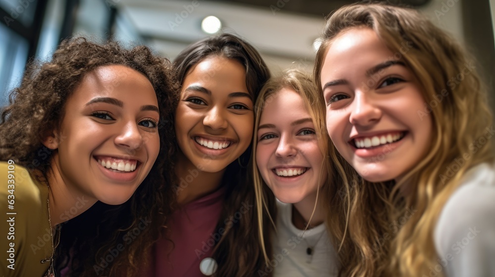 Photo of a group of student friends sharing joyful moments together. Photo of a group of student friends sharing joyful moments together.