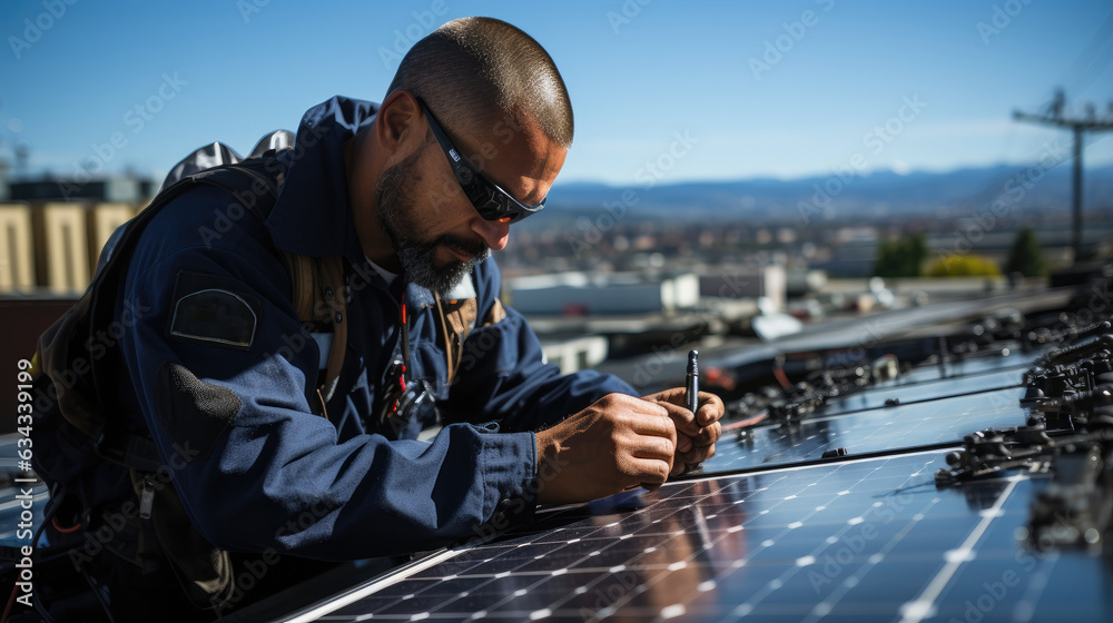 A solar engineer meticulously installing solar panels on the roof of a residence. A solar engineer meticulously installing solar panels on the roof of a residence.