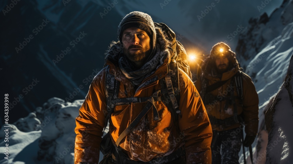 Fototapeta premium Team of mountaineers bravely climbing the heights of a snow-capped mountain.
