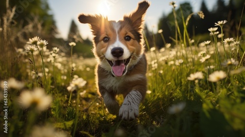 Happy and energetic running of a puppy in nature.