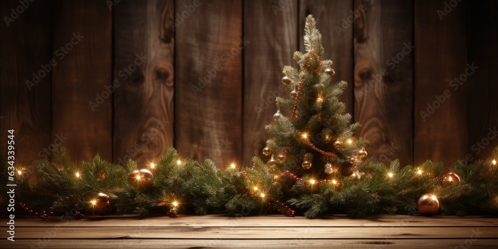 Fir Christmas tree on wooden background wide angle lens