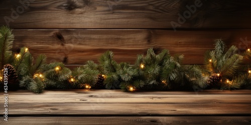 Fir Christmas tree on wooden background wide angle lens