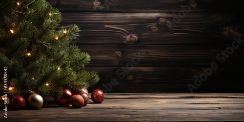 Fir Christmas tree on wooden background wide angle lens © sirisakboakaew