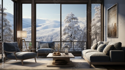 The chalet, elegantly built on the snow-covered mountain slope, is surrounded by upright snow-covered trees.