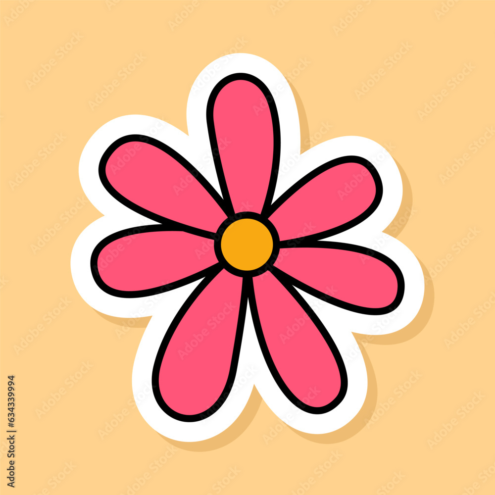 Vector Retro pink flower sticker isolated on yellow background. 70s style cartoon icon white contour Vector Retro pink flower sticker isolated on yellow background. 70s style cartoon icon white contour