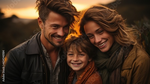 Happy smiles of a family at sunset in green nature. © OKAN