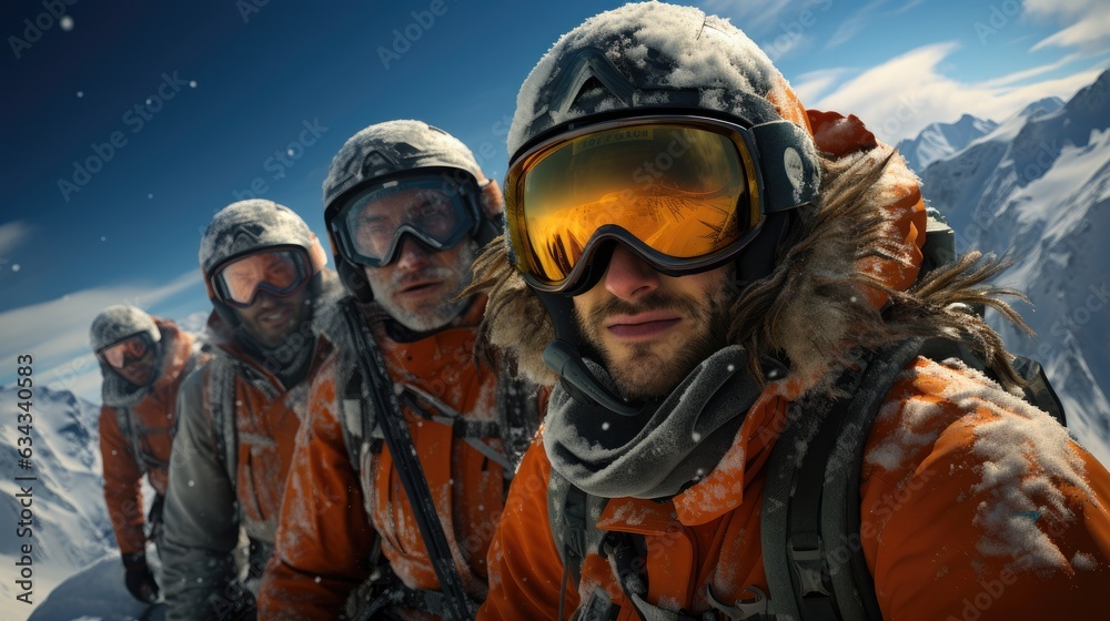 A group of friends happily skiing together. A group of friends happily skiing together.