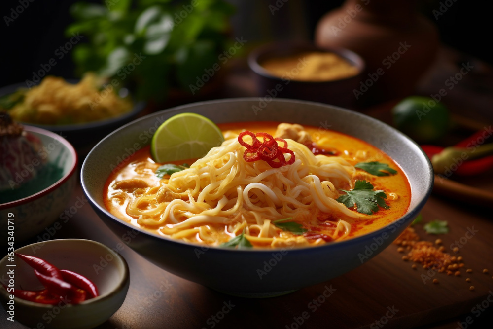Khao soi creamy coconut curry noodle soup on a bowl Thailand food Khao soi creamy coconut curry noodle soup on a bowl Thailand food