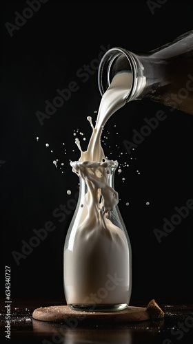 Milky Cascade Dynamic Shot of a Tipping Milk Bottle with a Flowing Stream of Fresh Milk, a Dairy Delight photo