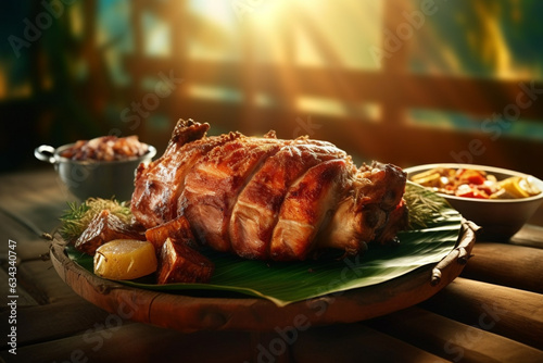 Filipino lechon on a wood plate photo