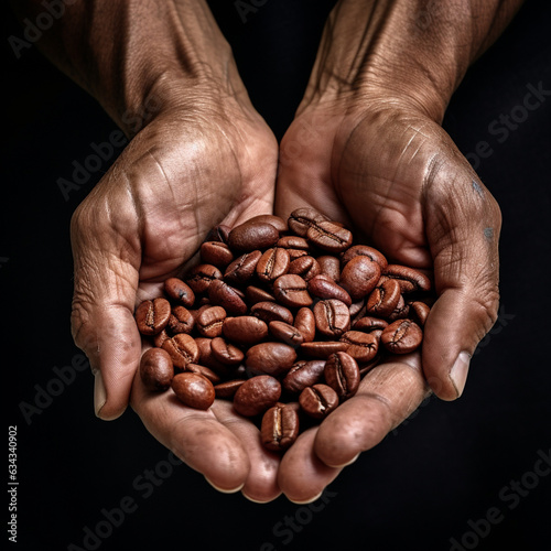 Hands with coffee beans. Generative AI.
