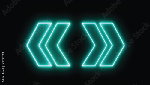 Glowing blue neon arrow sign hanging against black background. Left and right glowing neon direction at night. Lighting sparrow sign.  Flashing direction indicators.