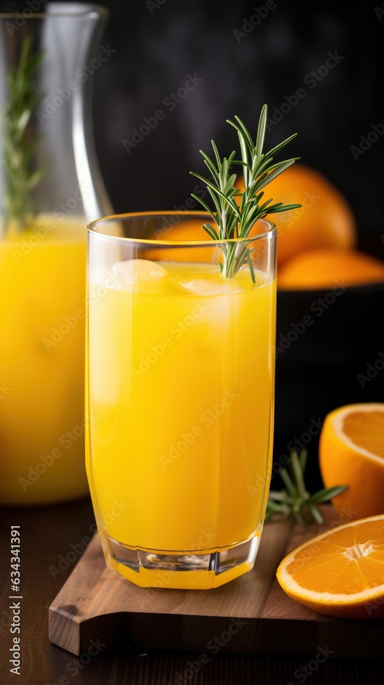 Fototapeta premium Citrus Bliss Glass of Sweet and Tangy Orange Juice Served with a Zestful Twist, a Burst of Refreshing Flavor