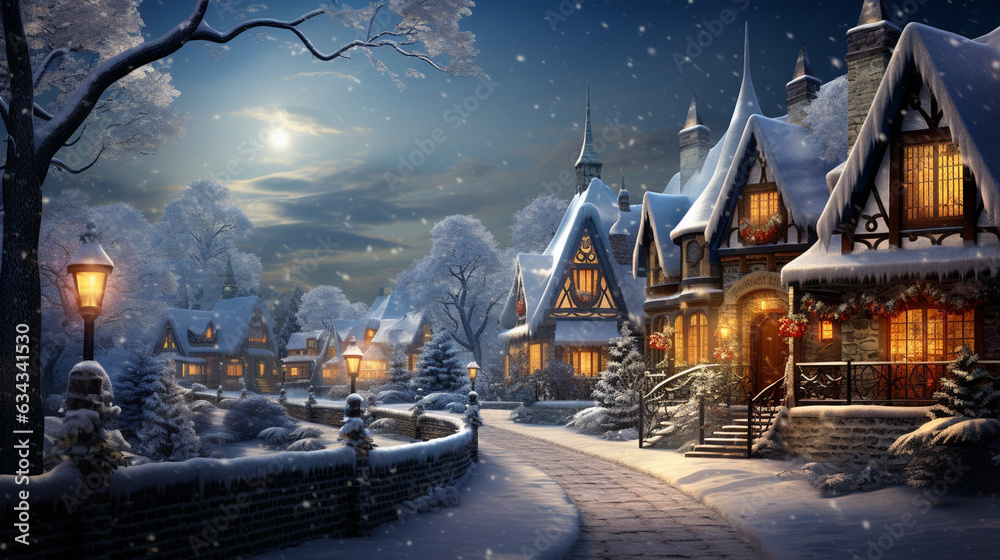 Winter Wonderland: A charming scene of a snow-covered village with twinkling lights, decorated 